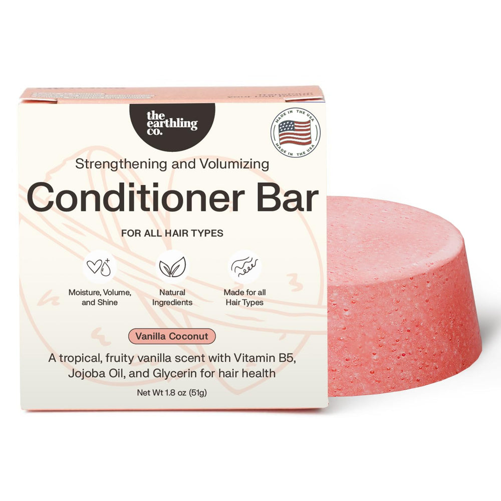 The Earthling Co conditioner bar vanilla coconut close-up shows nourishing slip for detangling