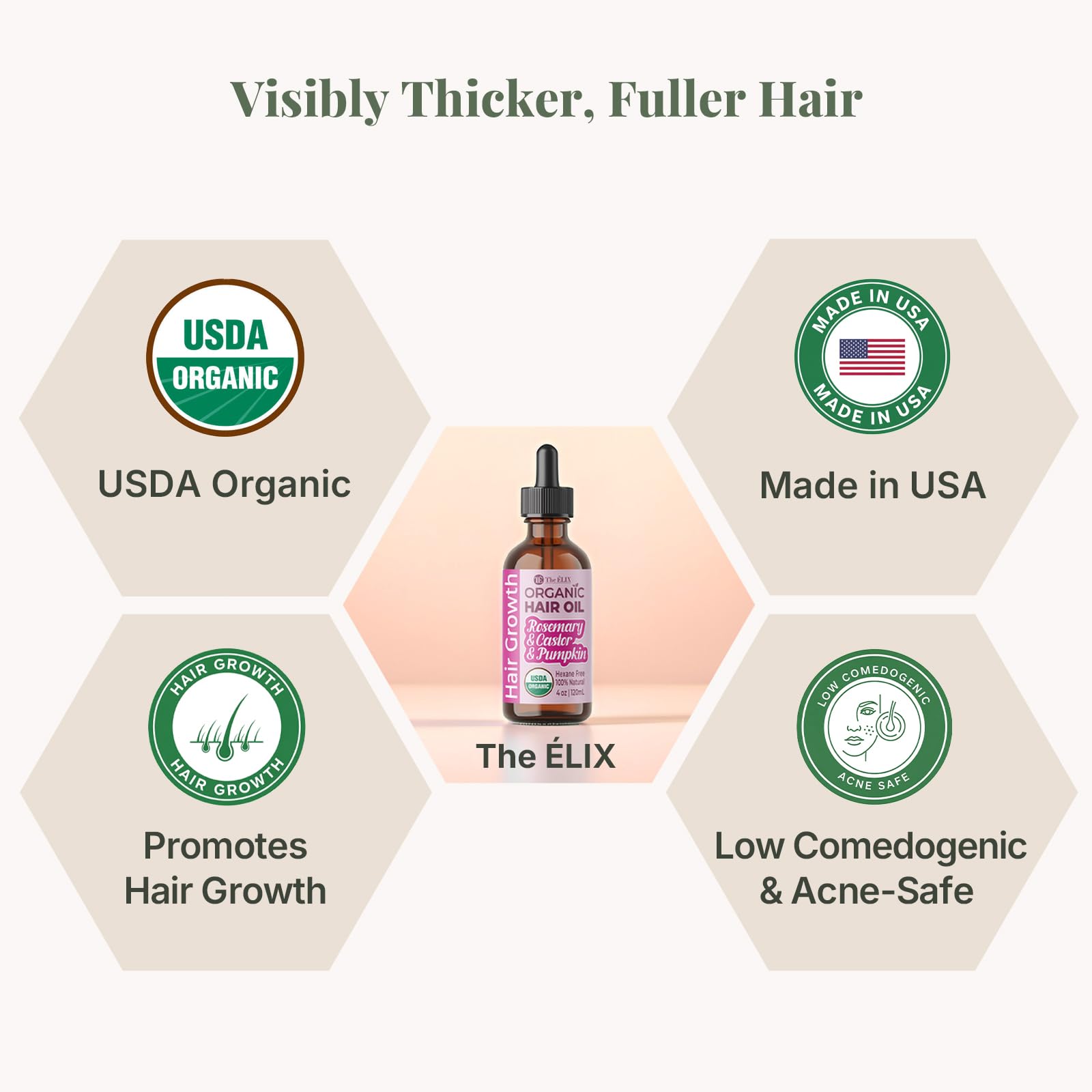 The ELIX rosemary oil ingredients highlight organic castor and pumpkin seed for hair nourishment.