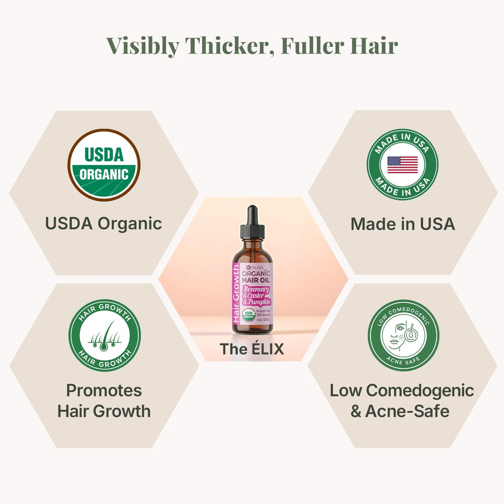 The ELIX rosemary oil ingredients highlight organic castor and pumpkin seed for hair nourishment.