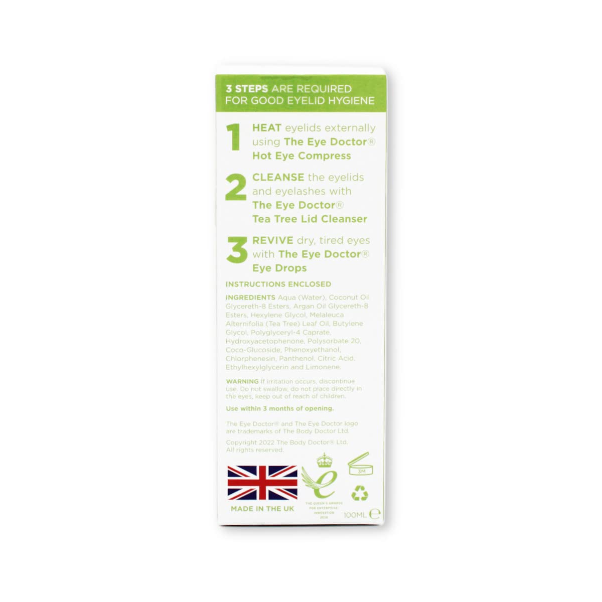 The Eye Doctor Tea Tree Lid Cleanser packaging highlighting 100ml size