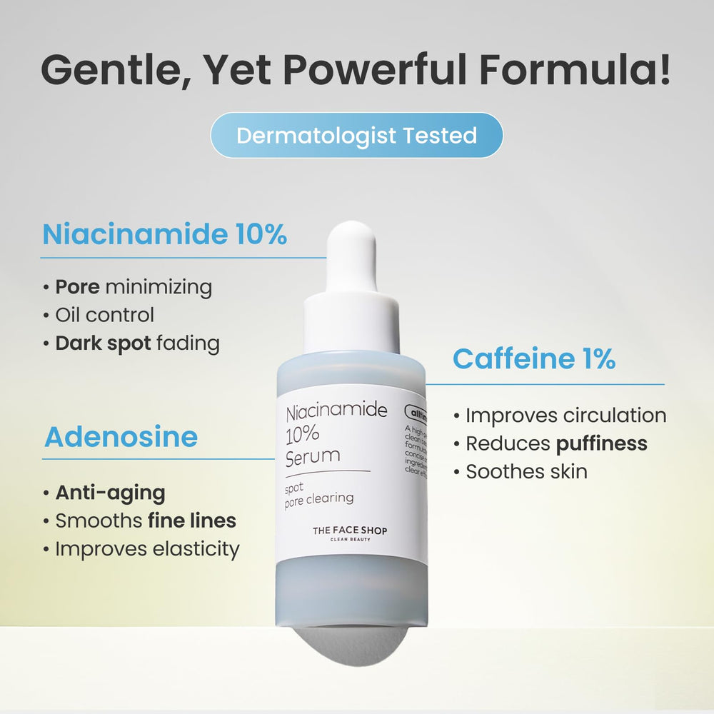 The Face Shop Alltimate Niacinamide 10% Serum applied to hand demonstrates easy absorption.