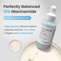 The Face Shop Alltimate Niacinamide 10% Serum texture close-up reveals a lightweight, fast absorbing formula.