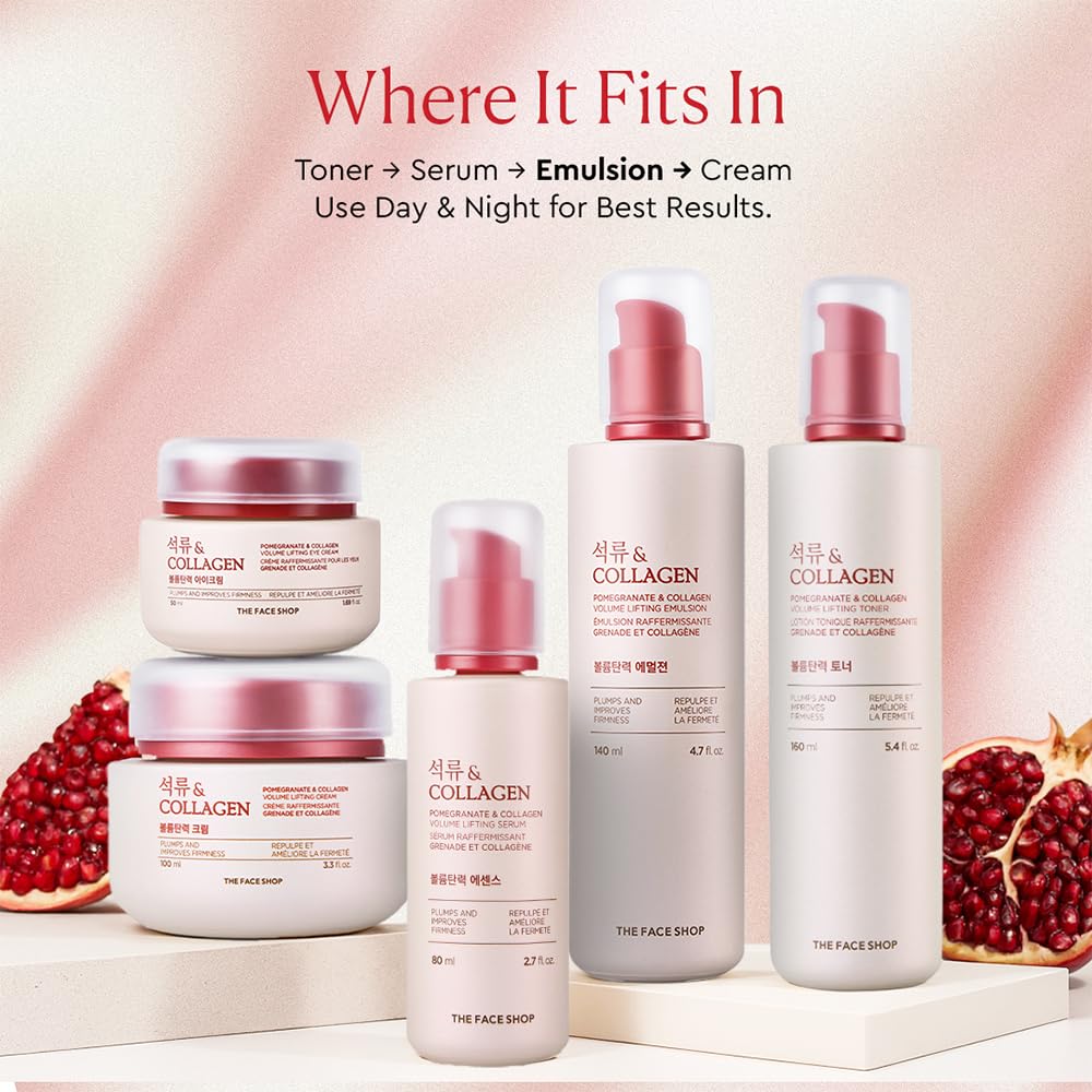 The Face Shop Pomegranate & Collagen emulsion with essence in skincare routine for radiant look.
