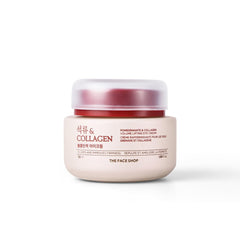 The Face Shop Pomegranate Collagen Eye Cream bottle highlighting hydrating lifting benefits.
