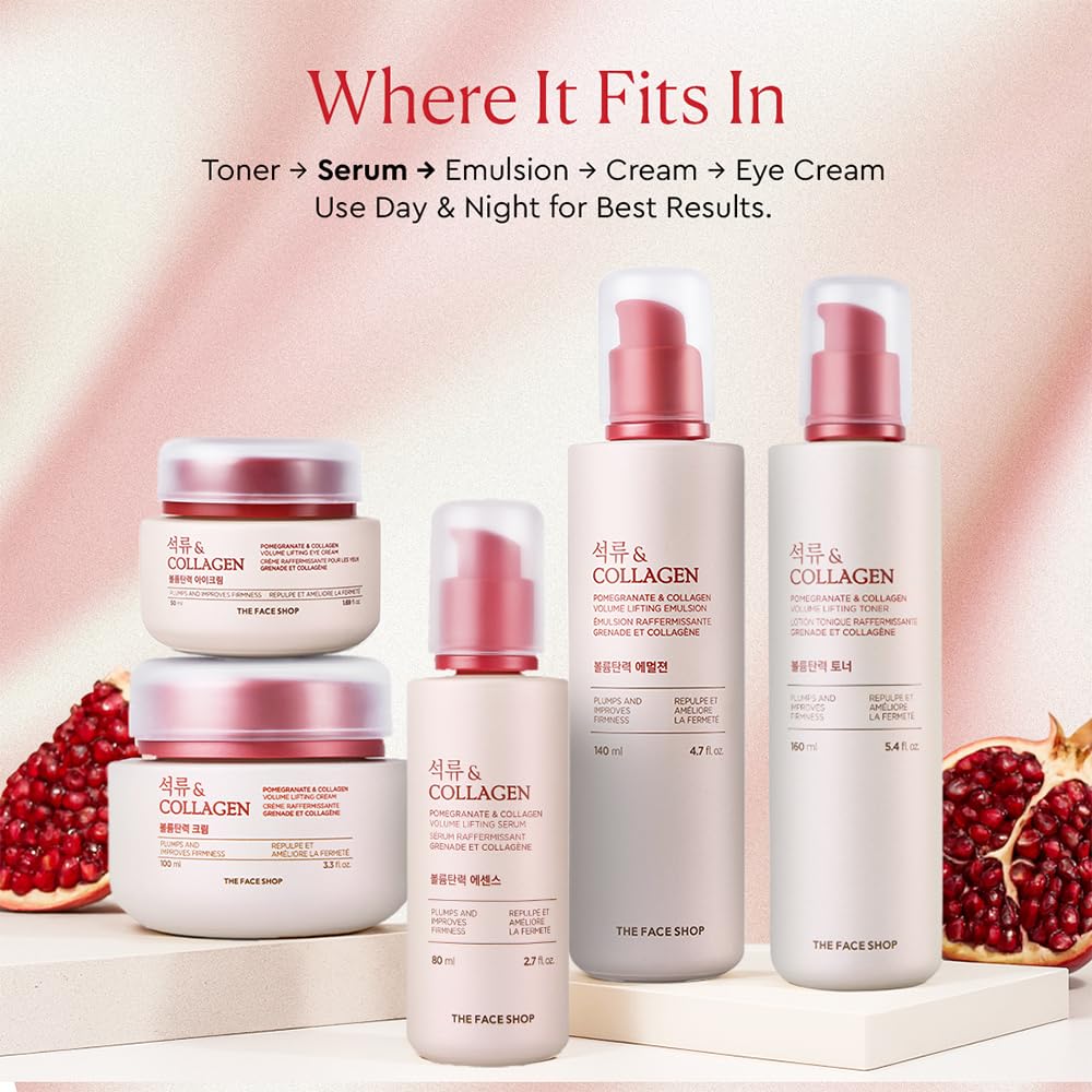 The Face Shop Pomegranate Collagen Serum applying to jawline demonstrating lifting potential.