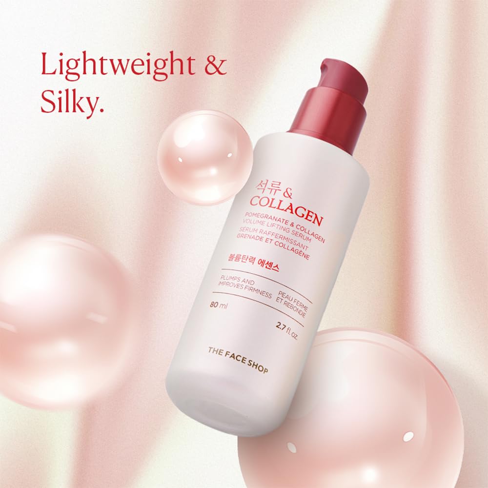 The Face Shop Pomegranate Collagen Serum on vanity with dewy glow.