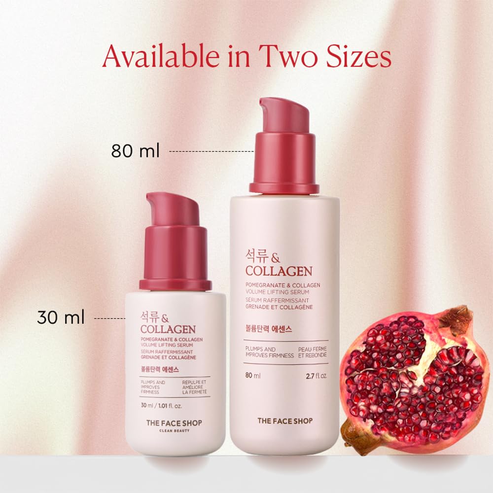 The Face Shop Pomegranate Collagen Serum packaging highlighting Korean origin.