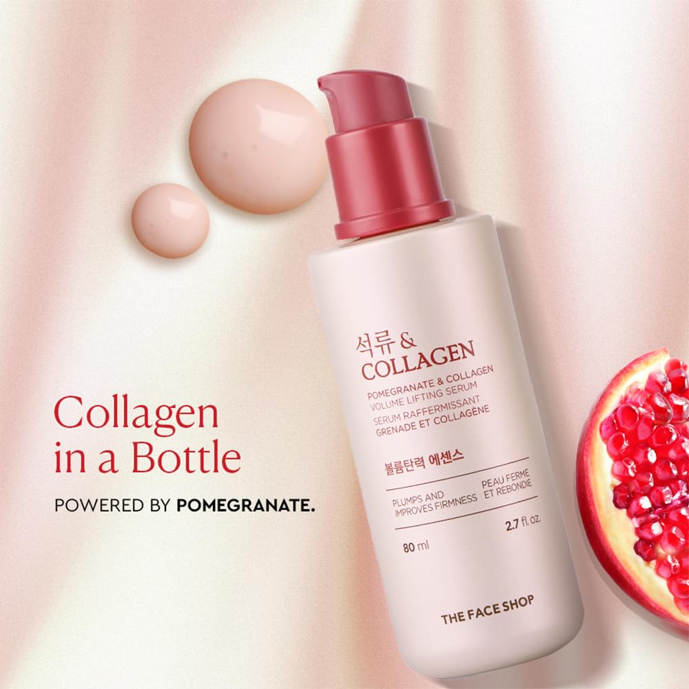 The Face Shop Pomegranate Collagen Serum pump dispense shot for quick absorption.