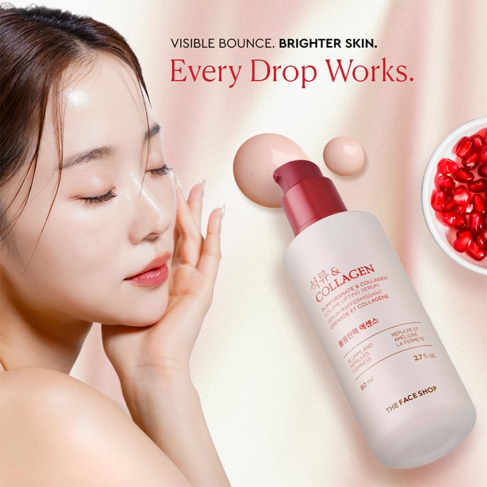 The Face Shop Pomegranate Collagen Serum swatch on skin showing smooth, hydrated look.