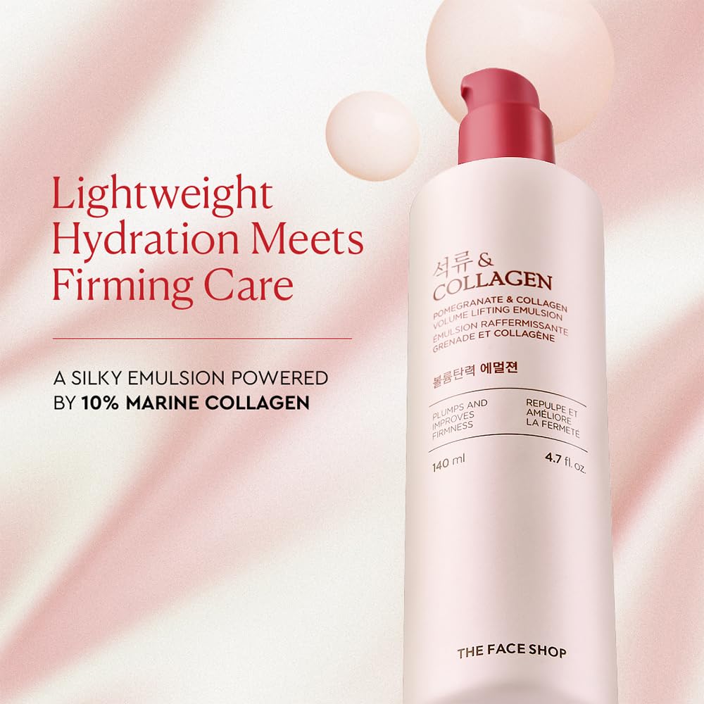 The Face Shop Pomegranate & Collagen emulsion being smoothed onto face for hydration and firming.