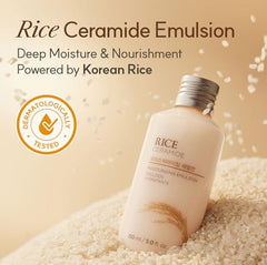 The Face Shop Rice Ceramide Emulsion texture swirl shows a silky, quick-absorbing finish
