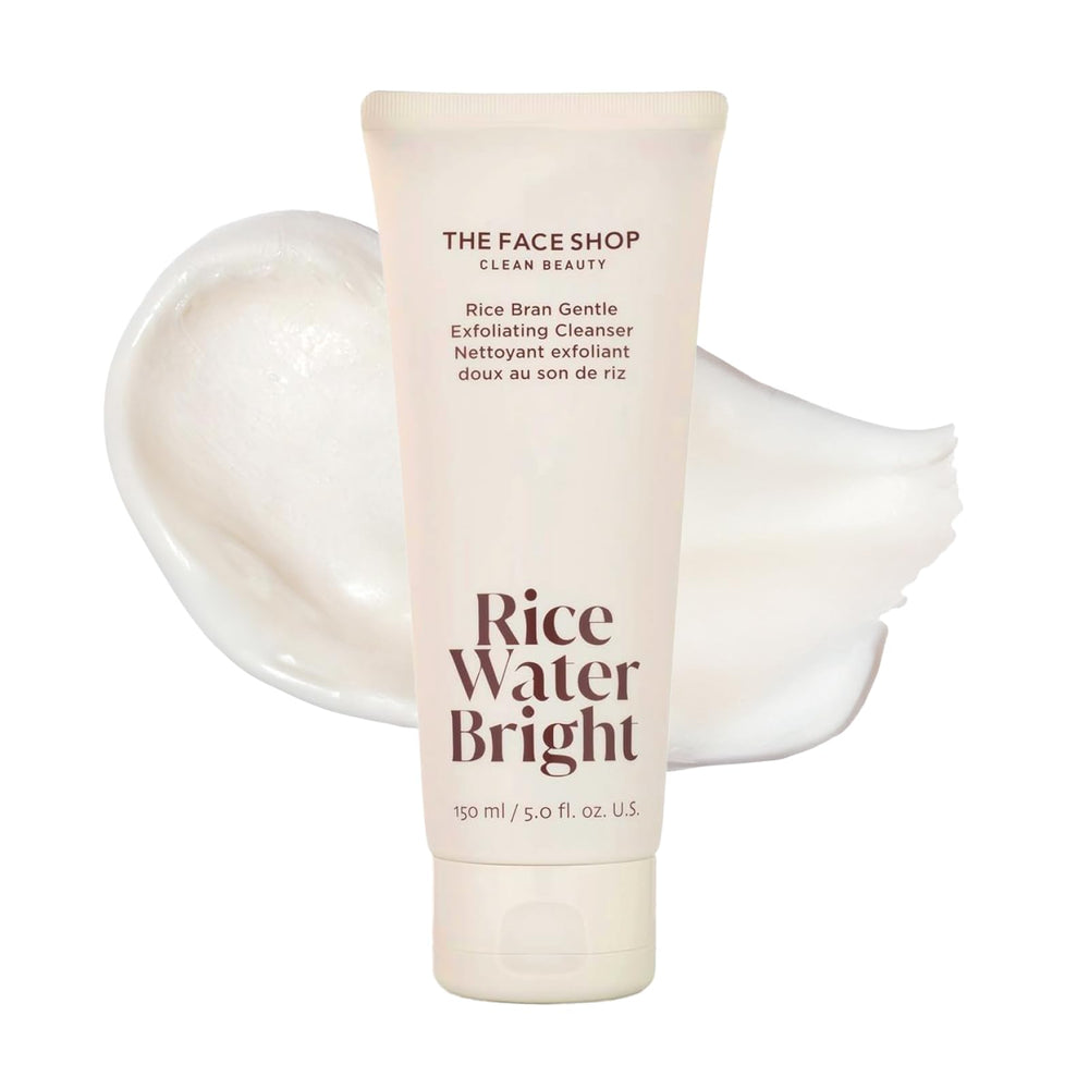 The Face Shop Rice Water Bright cleanser bottle close-up shows gentle exfoliation for smoother skin.
