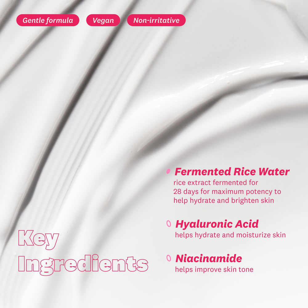 The Face Shop Rice Water Bright vegan formula label emphasizes clean, plant-based skincare.