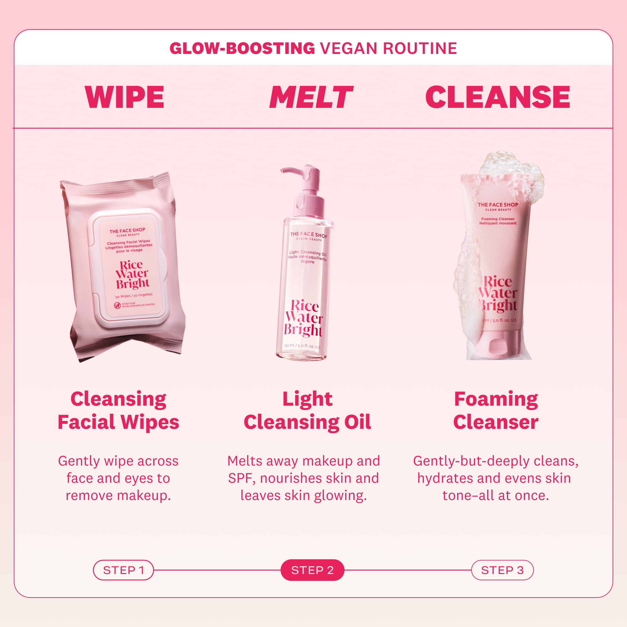 The Face Shop Rice Water Bright Light Cleansing Oil vegan formula shown in packaging.