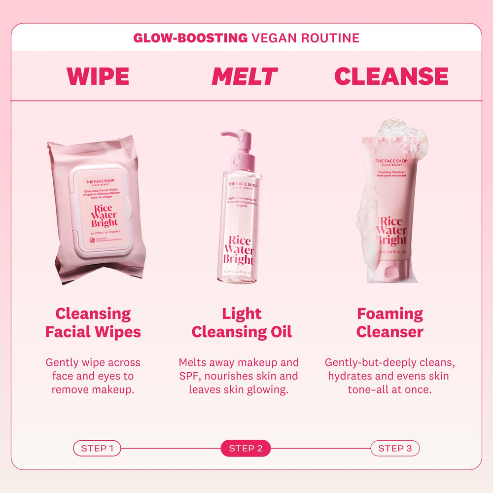 The Face Shop Rice Water Bright Light Cleansing Oil vegan formula shown in packaging.