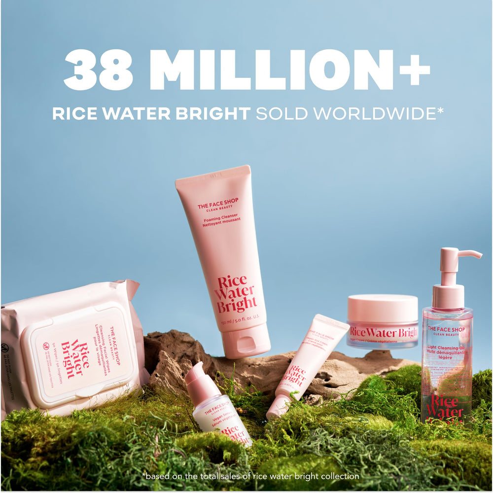 The Face Shop Rice Water Bright product visual demonstrates makeup removal and daily hydrating cleanse