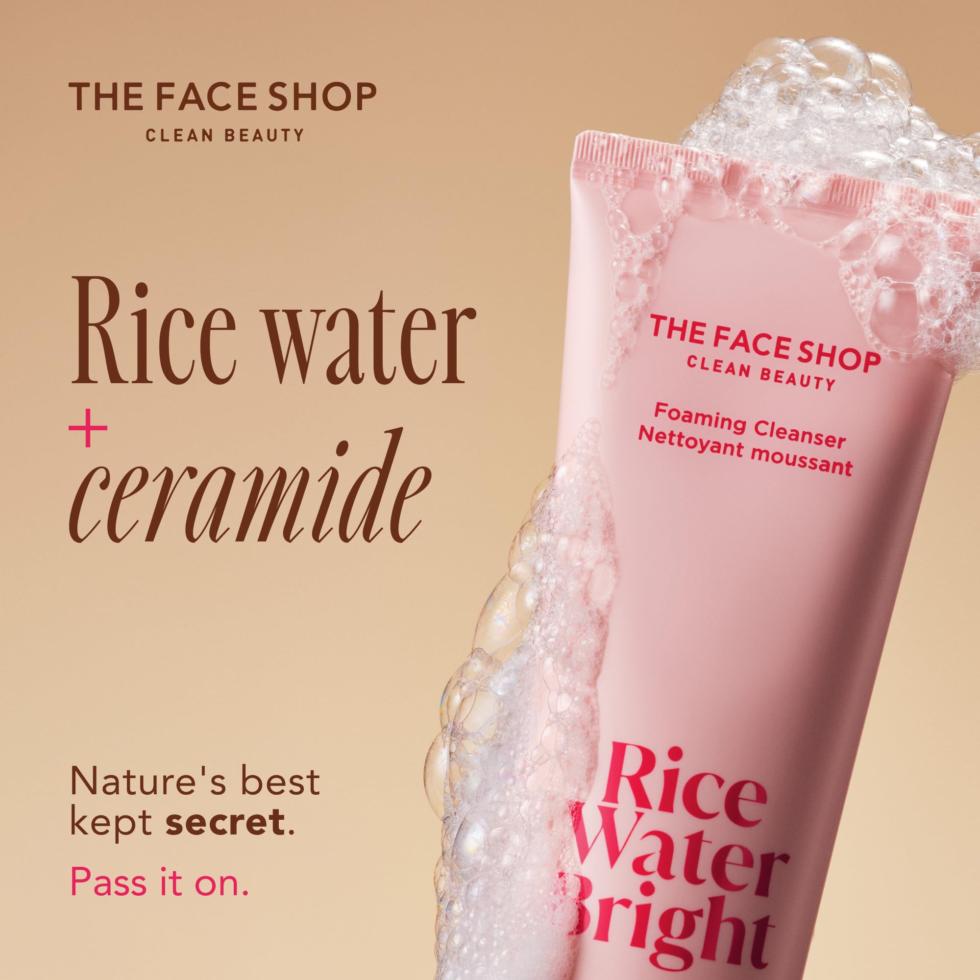 The Face Shop Rice Water Bright travel kit on mirror for quick routine.