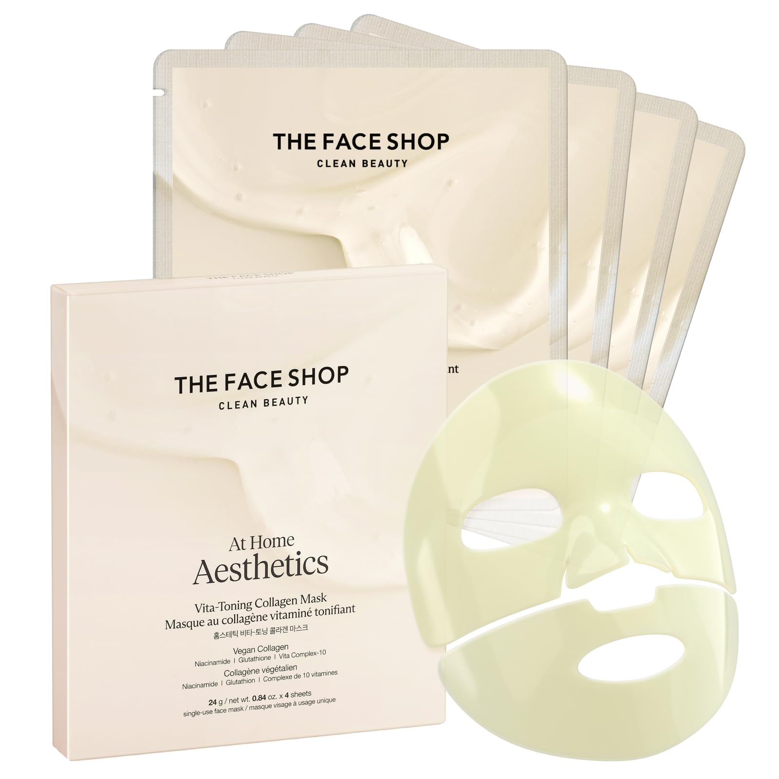 The Face Shop Vita-Toning vegan-collagen mask packaging highlights premium vegan skincare.