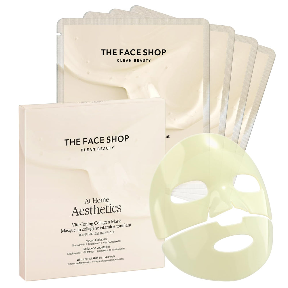 The Face Shop Vita-Toning vegan-collagen mask packaging highlights premium vegan skincare.