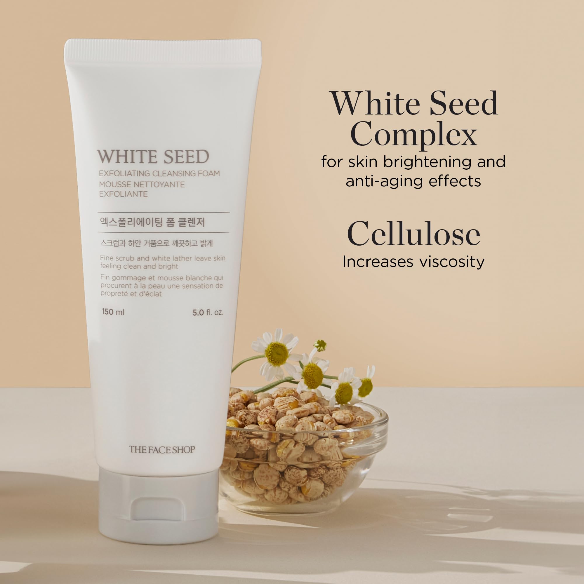 The Face Shop White Seed Exfoliating Cleansing Foam ingredients image emphasizes natural extracts.