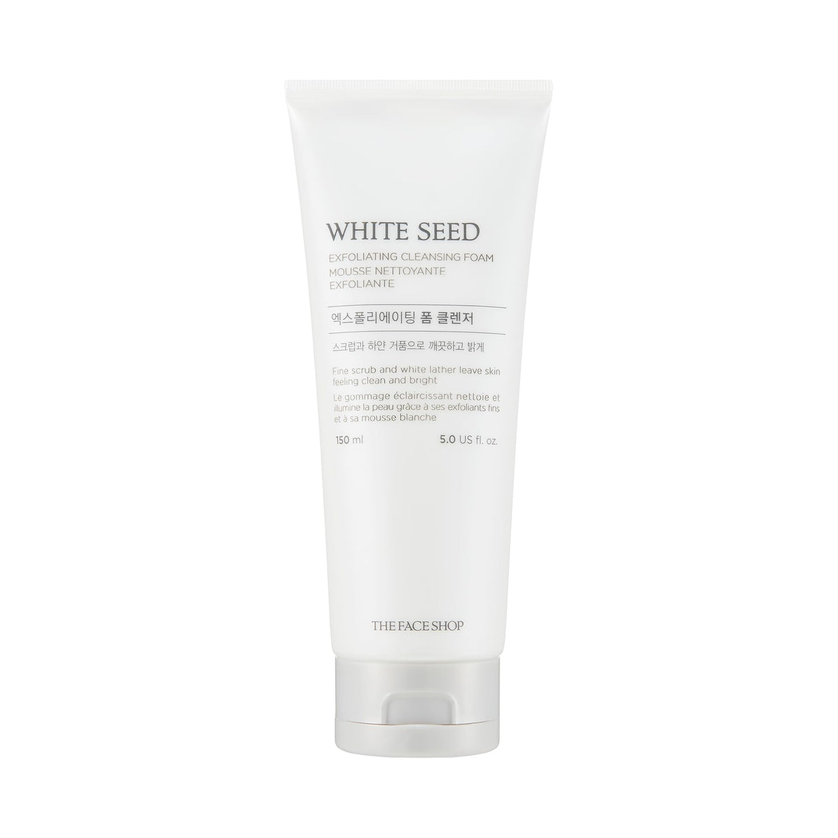 The Face Shop White Seed Exfoliating Cleansing Foam packaging image demonstrates gentle daily cleansing.