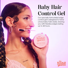 The Frontal Queen edge control application hands demonstrating easy grooming and tamed flyaways.