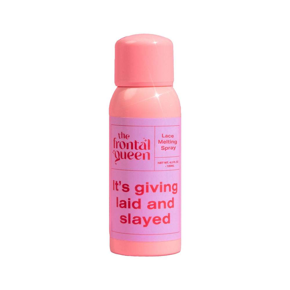 The Frontal Queen lace-melting-spray bottle demonstrates a residue-free lace melt for natural hairlines.