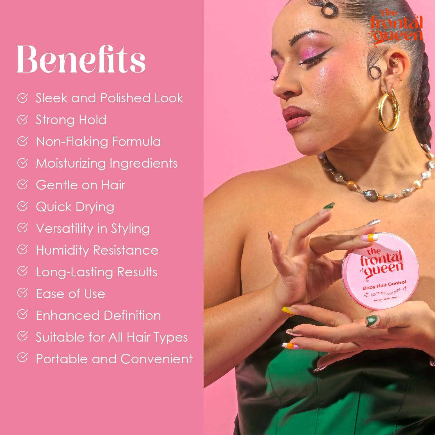 The Frontal Queen packaging 3.5 oz for convenient daily styling on the go.