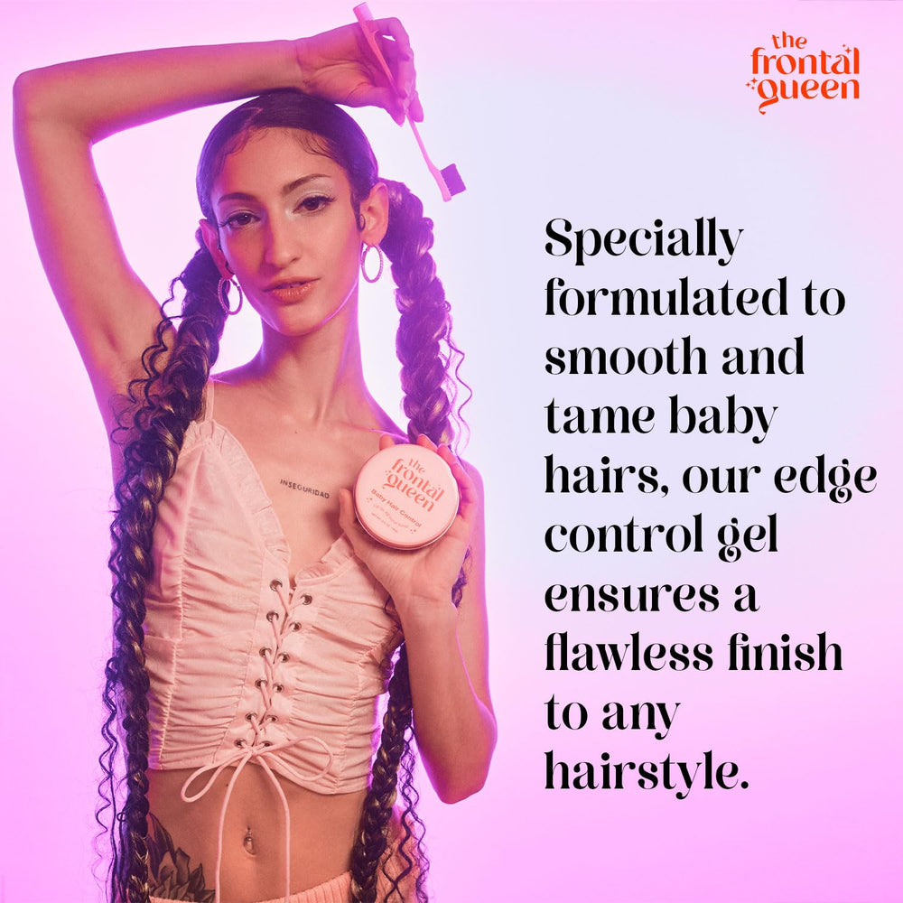 The Frontal Queen smoothing baby hairs focus image highlighting frizz control and polished finish.