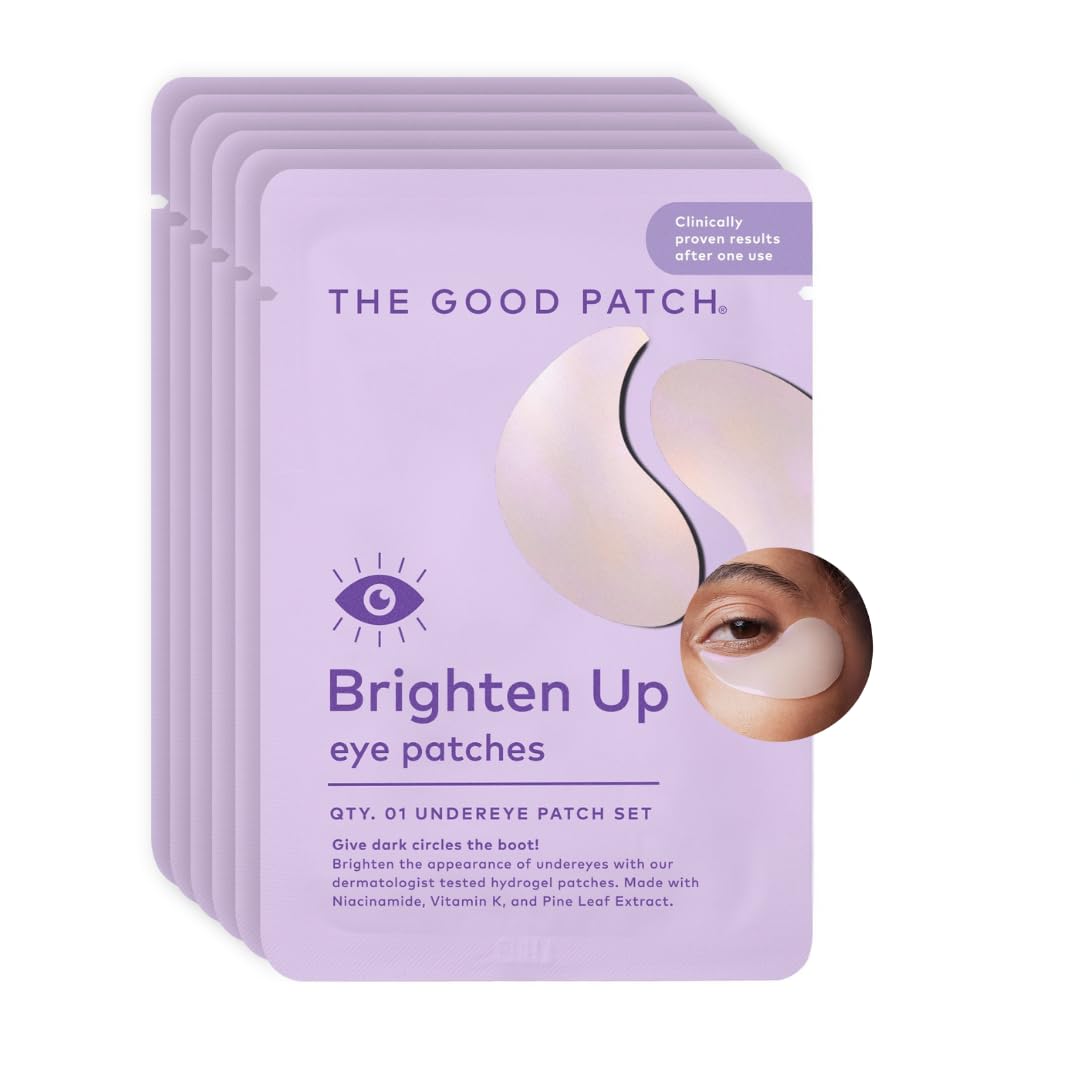 The Good Patch Brighten Up packaging shows vegan eye patches for brighter mornings.