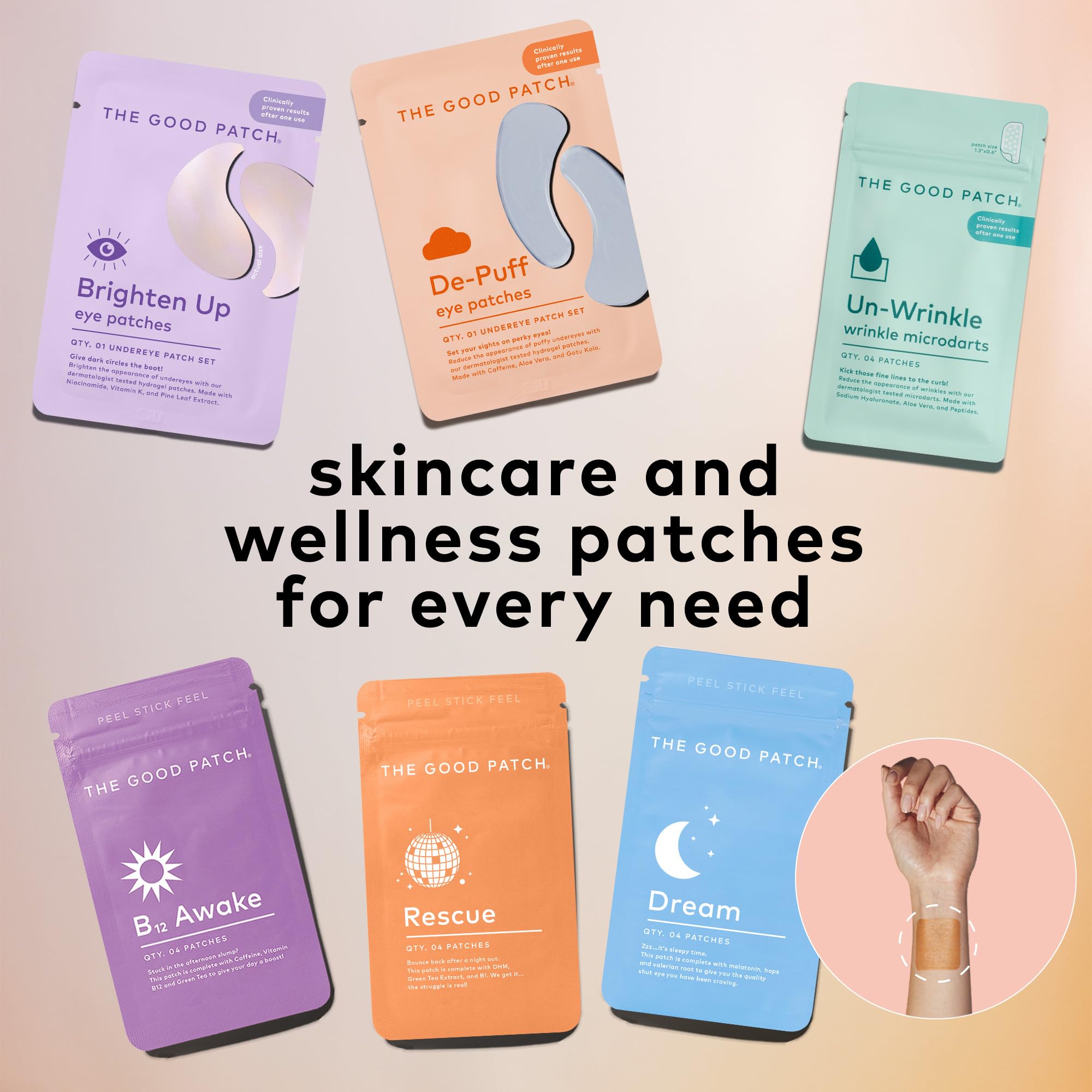The Good Patch packaging demonstrates dermatologist-tested vegan, paraben-free formulation