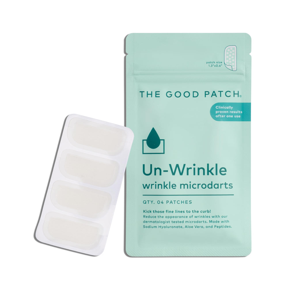 The Good Patch Un-Wrinkle patch applied to crow's feet for smoother-looking skin