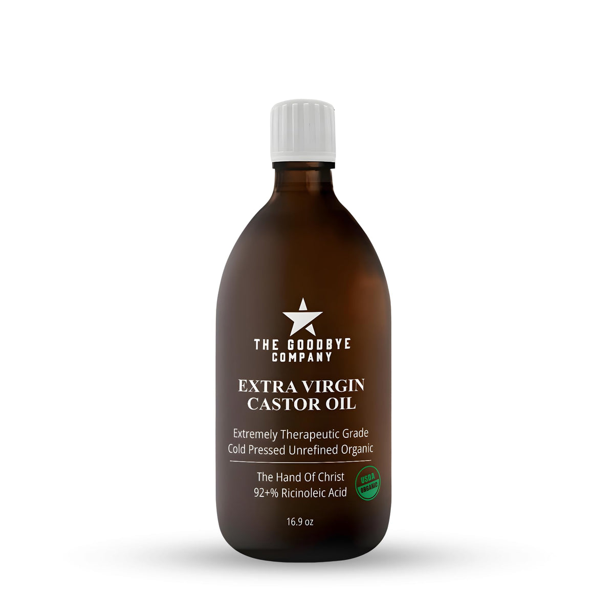 The Goodbye Company castor oil bottle 16oz in glass supports hair nourishment.