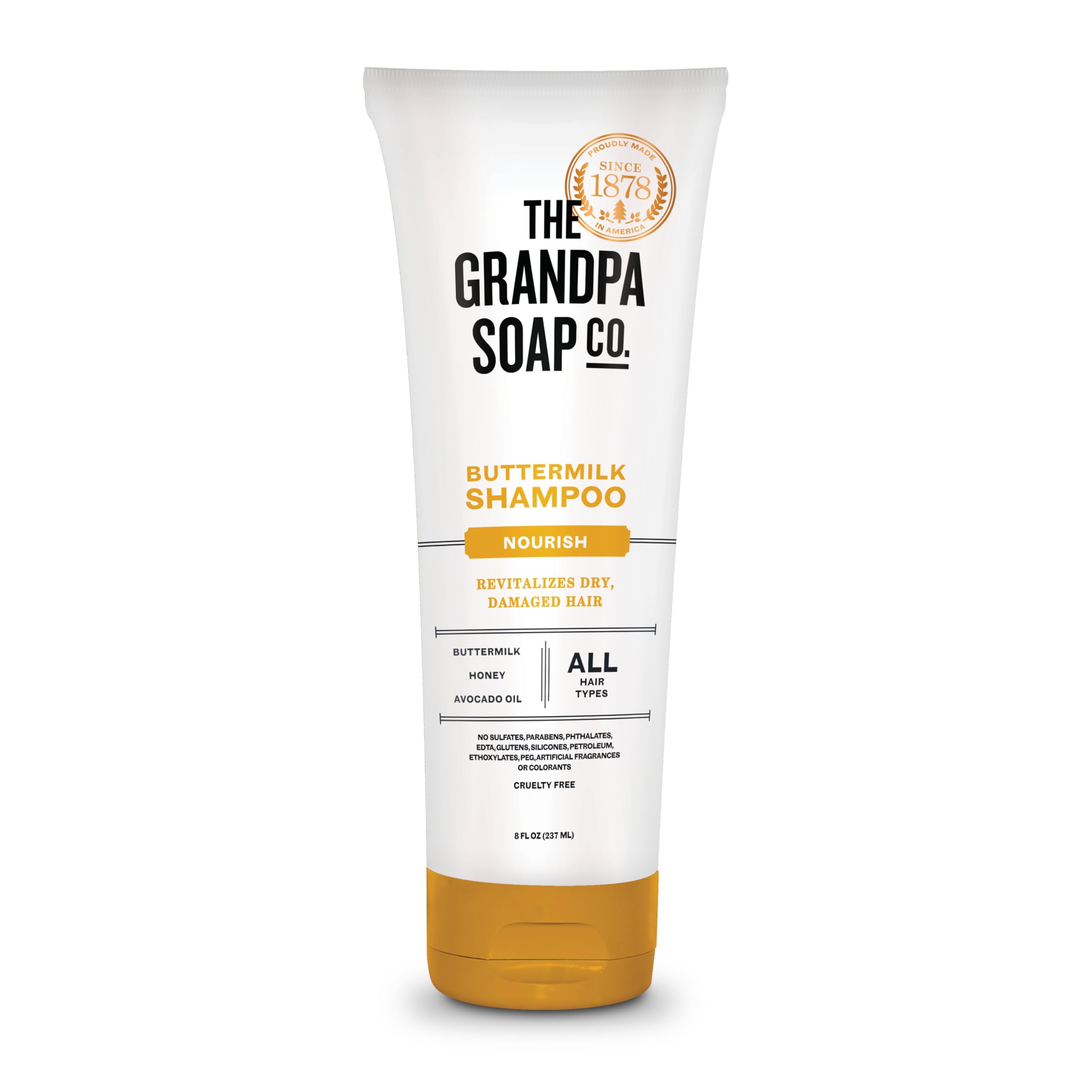 The Grandpa Soap Company Buttermilk Shampoo bottle with a smooth pour for easy cleansing.