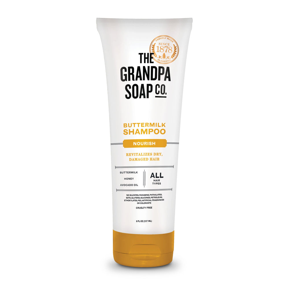 The Grandpa Soap Company Buttermilk Shampoo bottle with a smooth pour for easy cleansing.