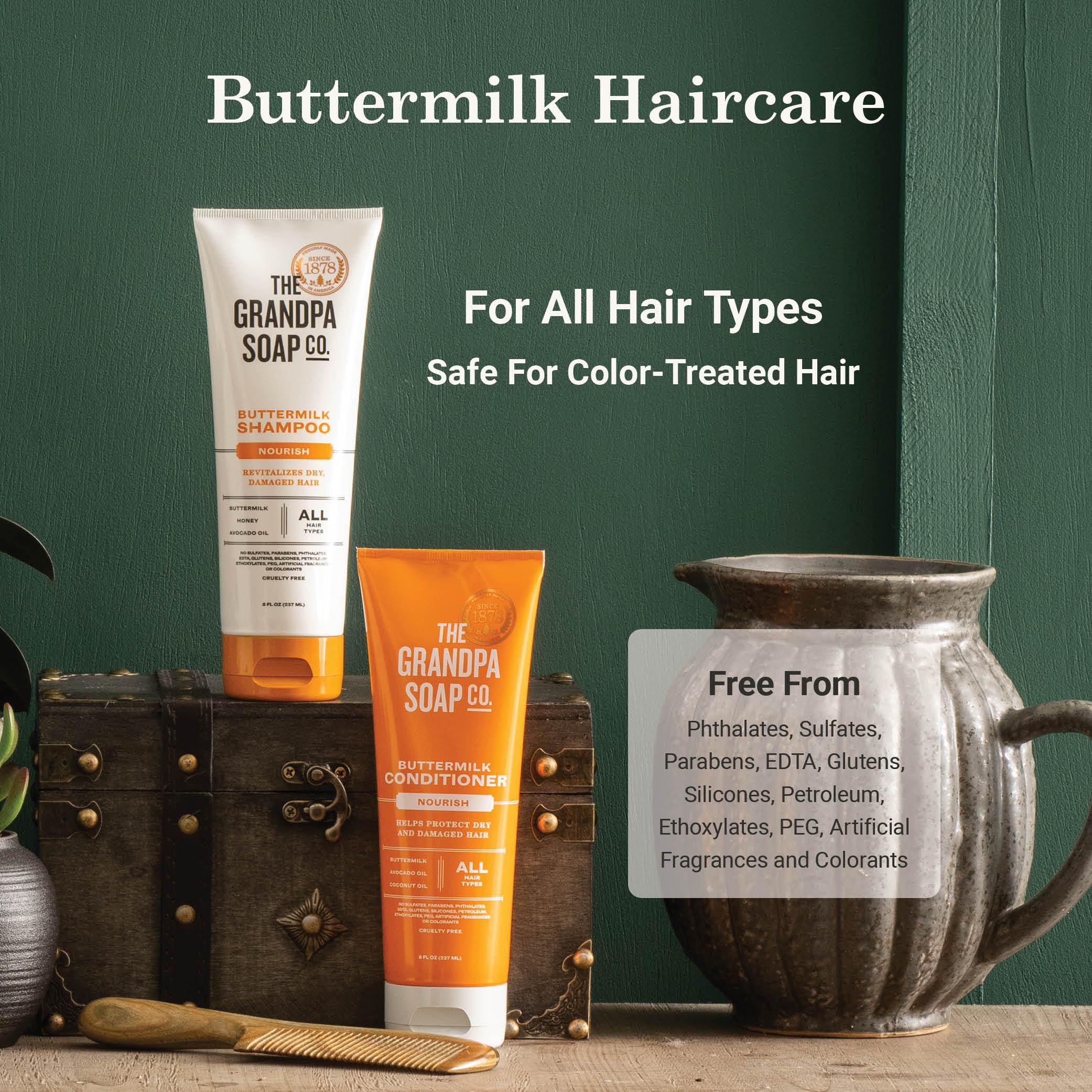 The Grandpa Soap Company Buttermilk Shampoo packaging notes color-treated hair compatibility.