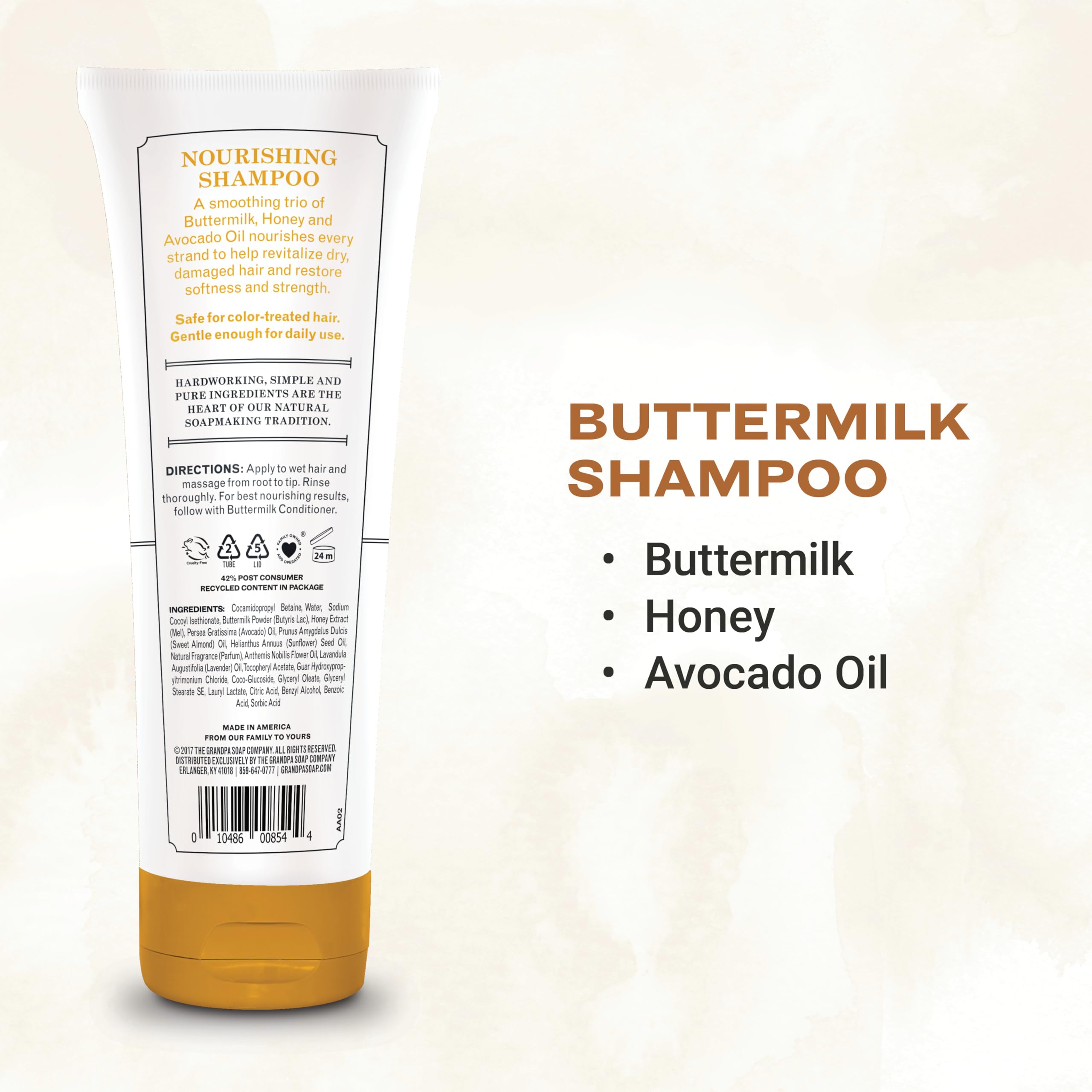 The Grandpa Soap Company Buttermilk Shampoo label highlights honey and avocado oil nourishment.