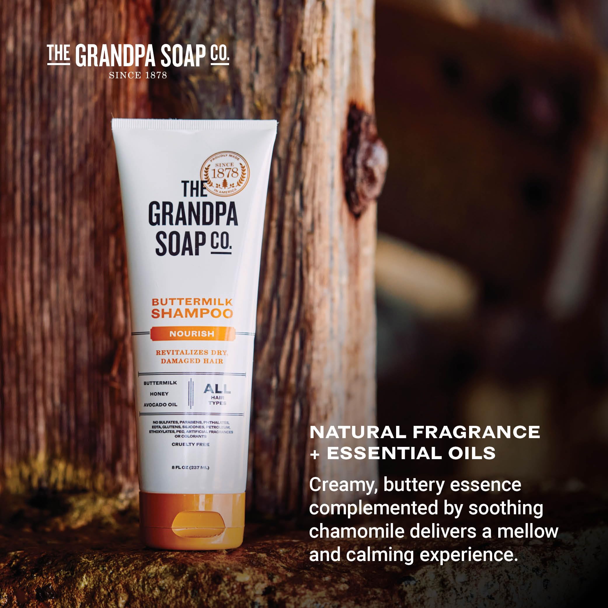 The Grandpa Soap Company Buttermilk Shampoo tube shows 42% post-consumer recycled content.