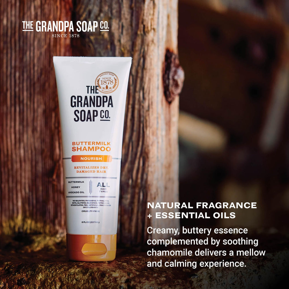 The Grandpa Soap Company Buttermilk Shampoo tube shows 42% post-consumer recycled content.
