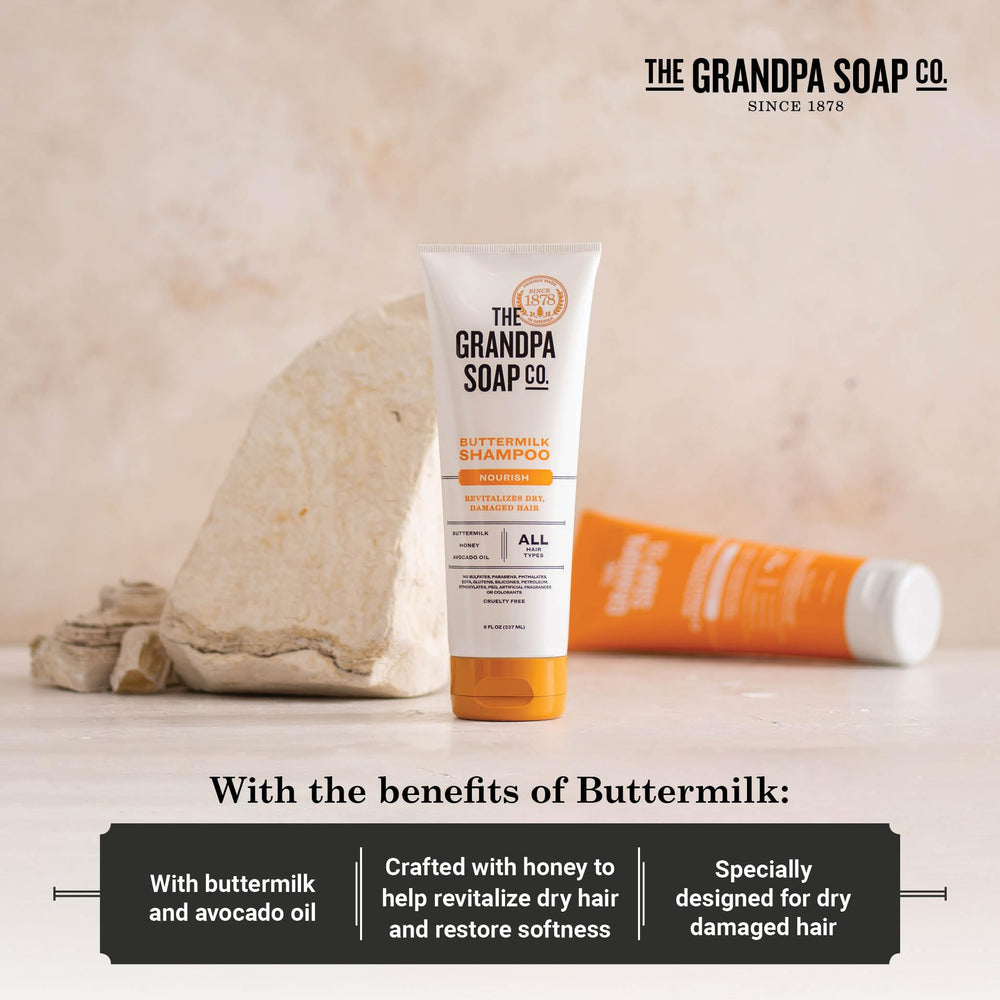 The Grandpa Soap Company Buttermilk Shampoo vegan cruelty-free certification appears on packaging.