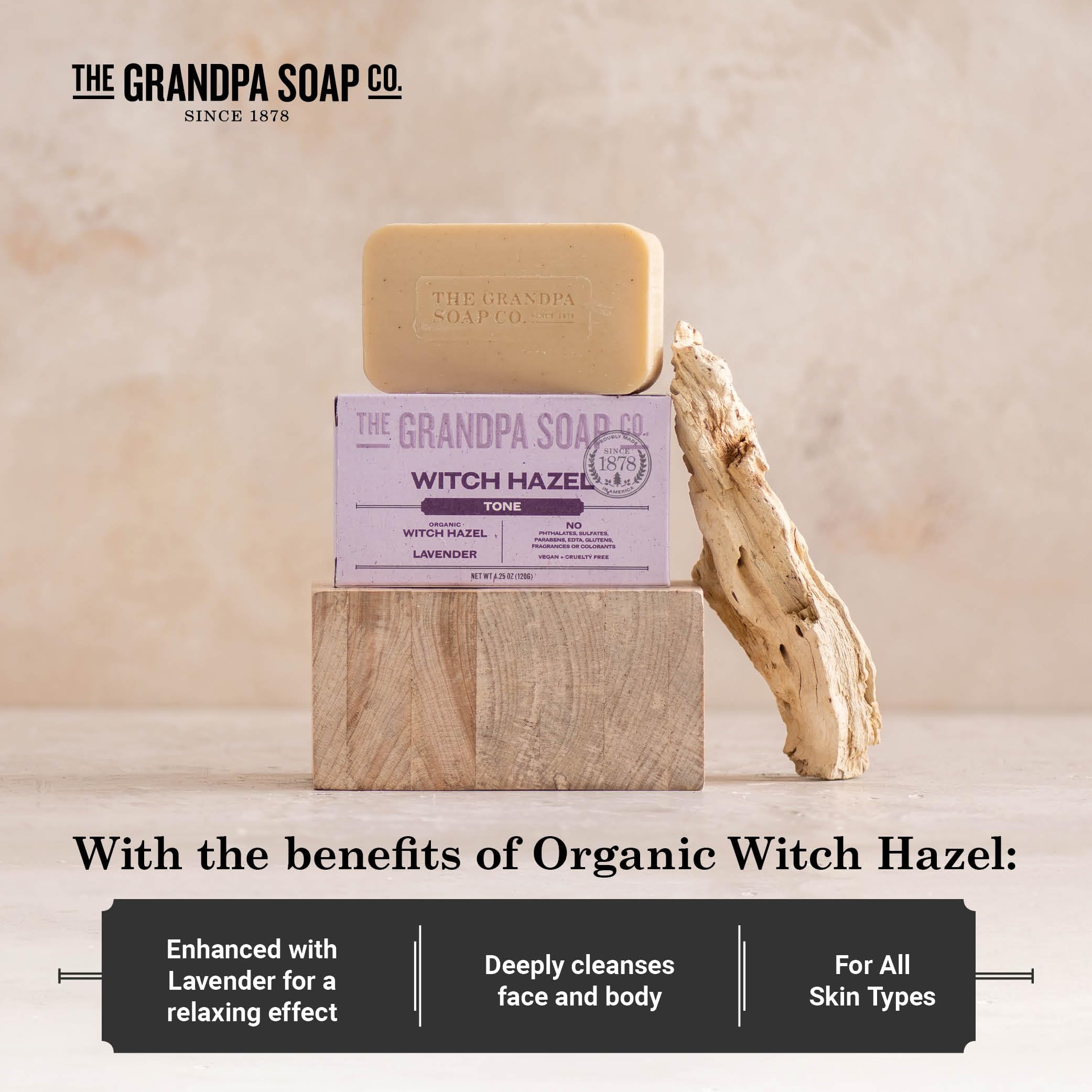 The Grandpa Soap Company Witch Hazel Bar organic illustration signaling natural cleansing properties.