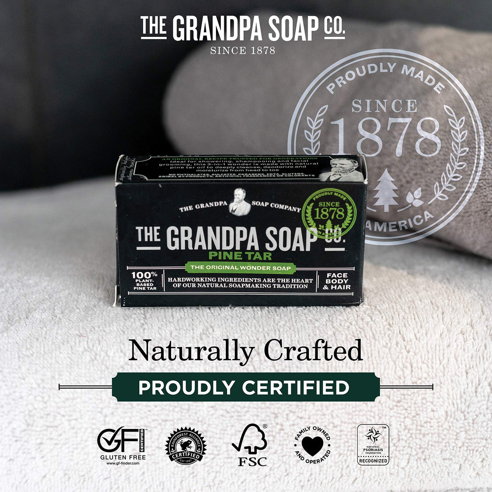The Grandpa Soap Company pine tar bar soap 3-pack offers convenient daily use for shared households.