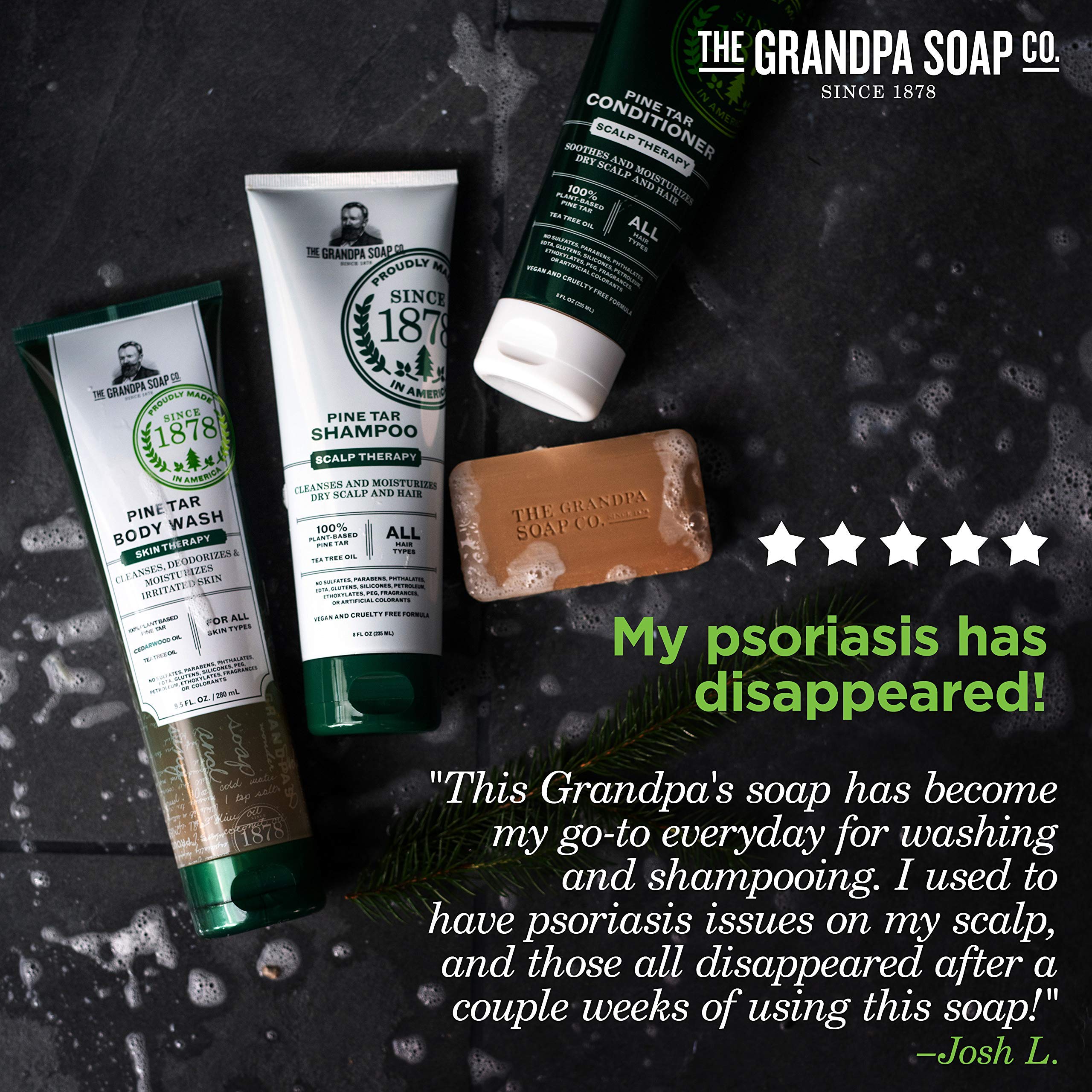 The Grandpa Soap Company pine tar bar soap back label shows 4.25 oz size, travel-friendly.