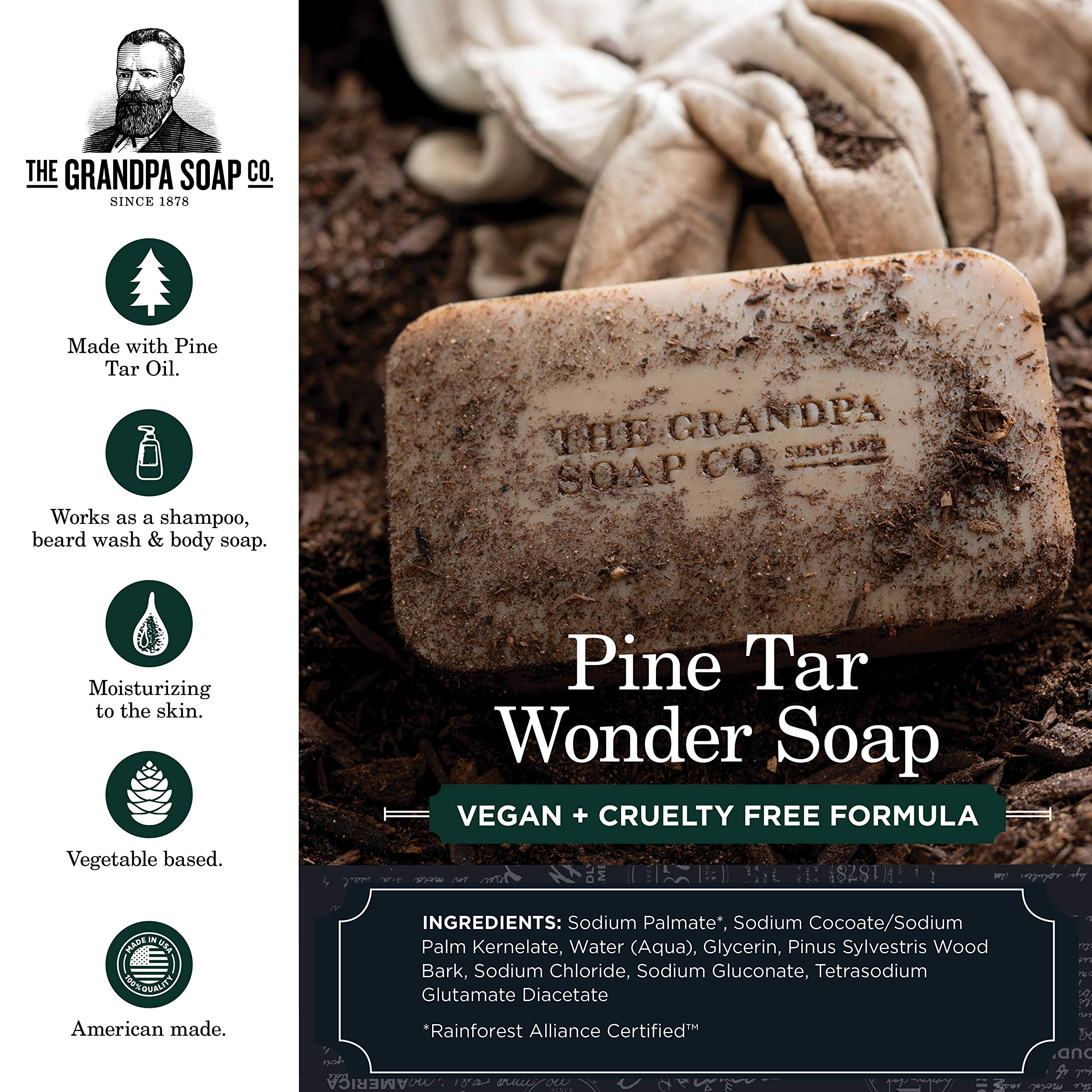 The Grandpa Soap Company pine tar bar soap close-up reveals a rugged texture for deep cleansing.