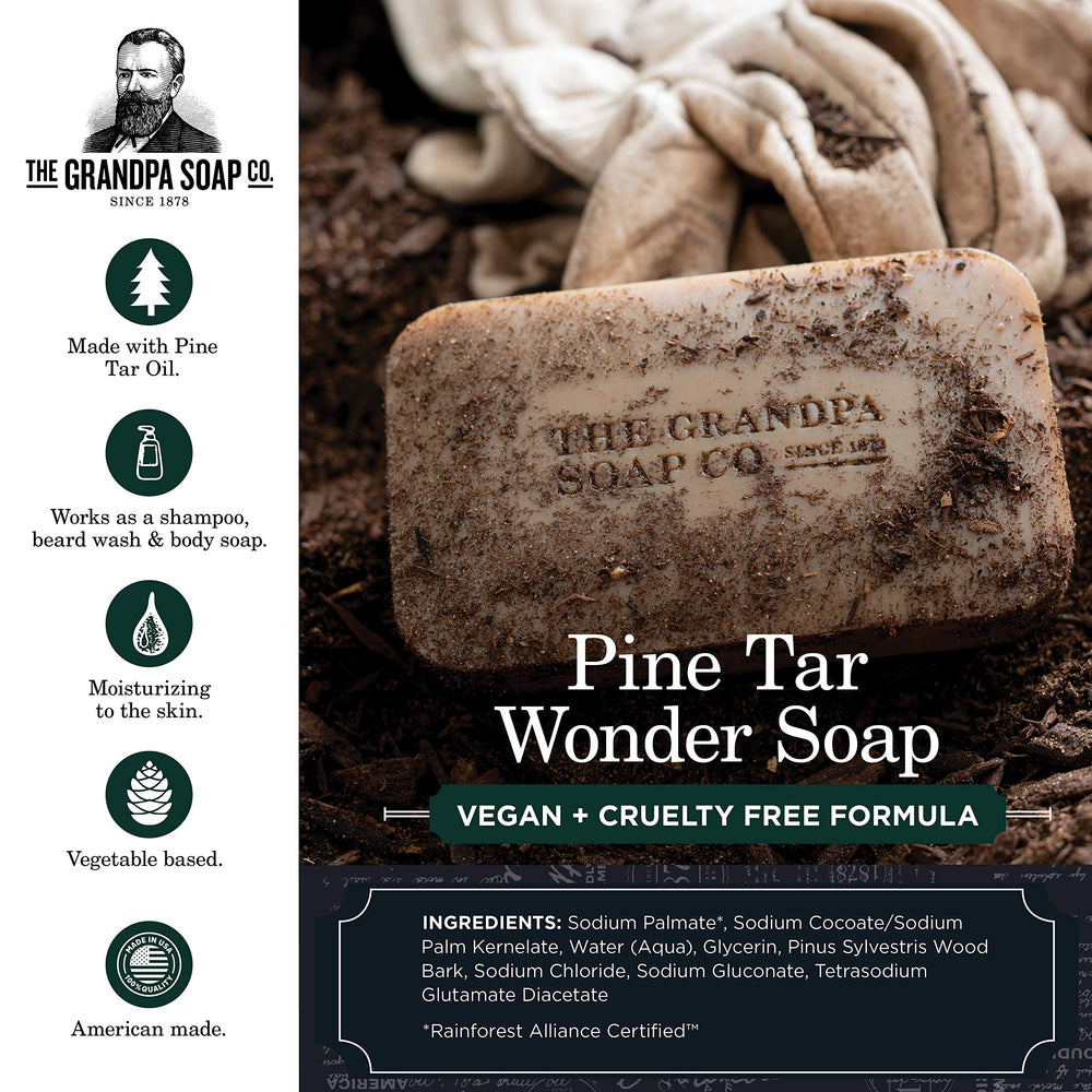 The Grandpa Soap Company pine tar bar soap close-up reveals a rugged texture for deep cleansing.