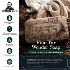 The Grandpa Soap Company pine tar bar soap close-up reveals a rugged texture for deep cleansing.