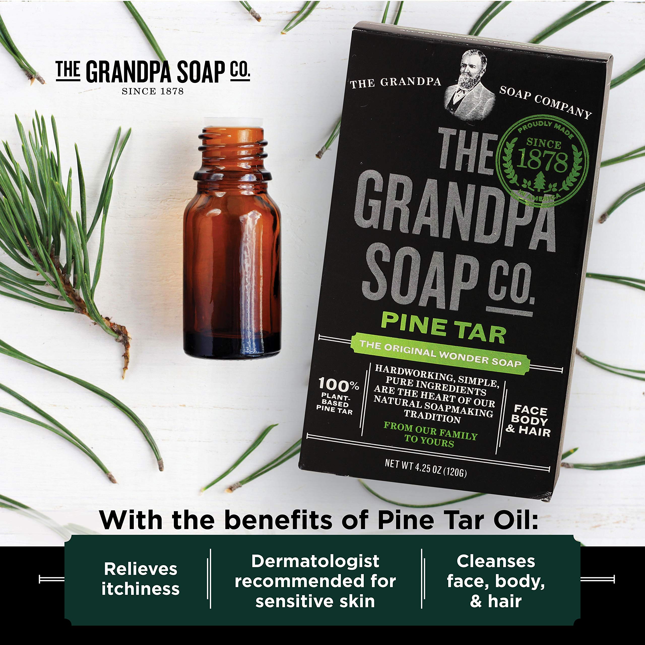 The Grandpa Soap Company pine tar bar soap lather demonstrates gentle cleansing for everyday skin.