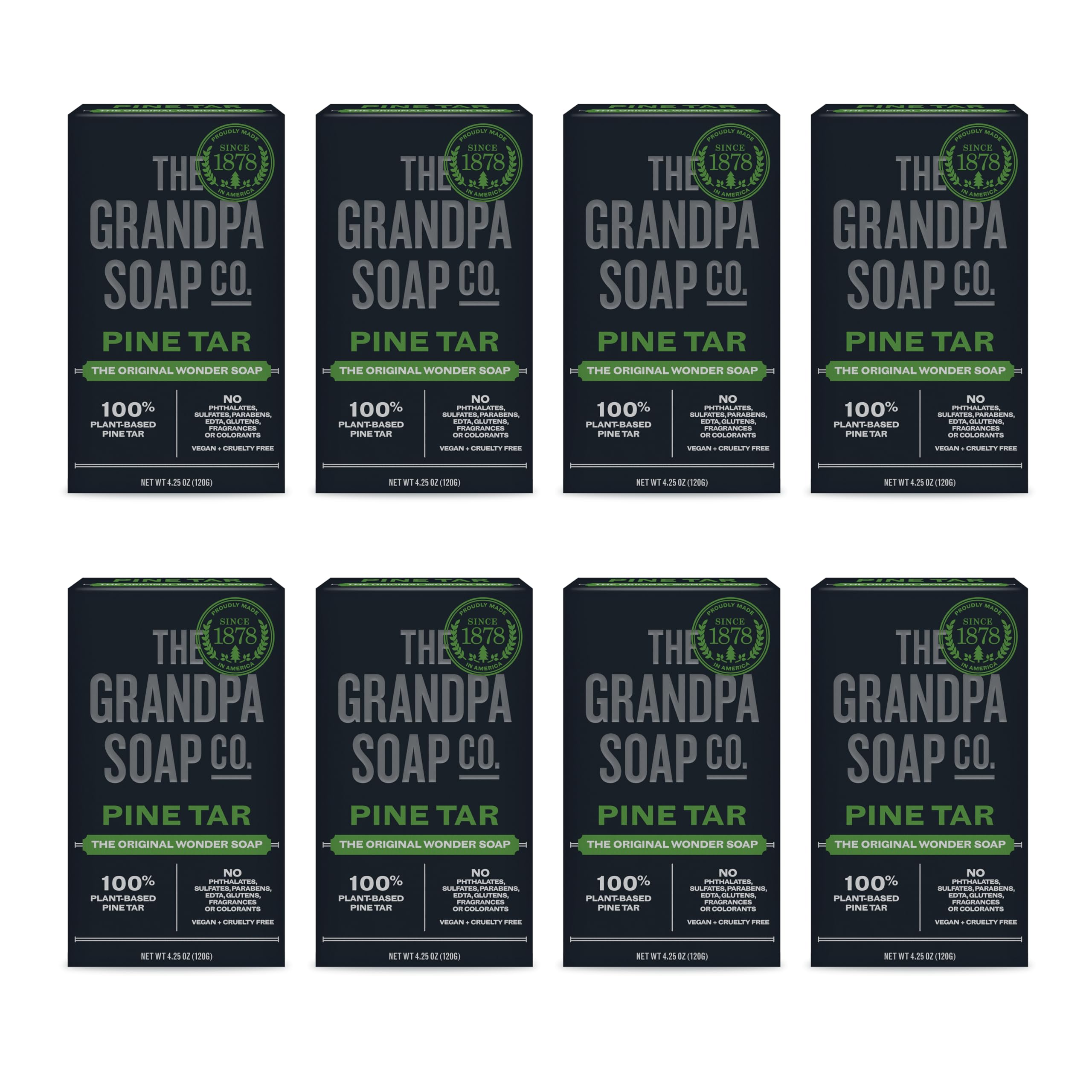 The Grandpa Soap Company pine tar bar soap packaging highlights all-over cleansing and versatility.