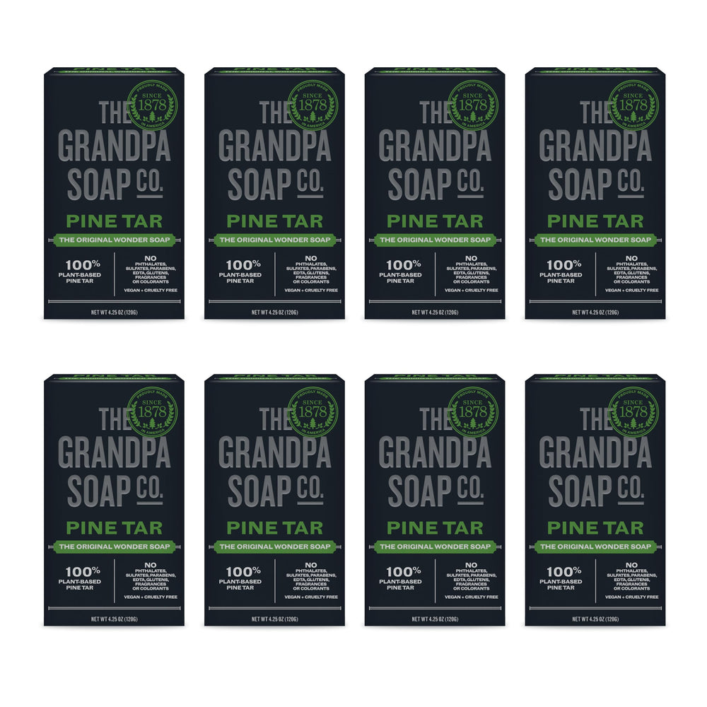 The Grandpa Soap Company pine tar bar soap packaging highlights all-over cleansing and versatility.