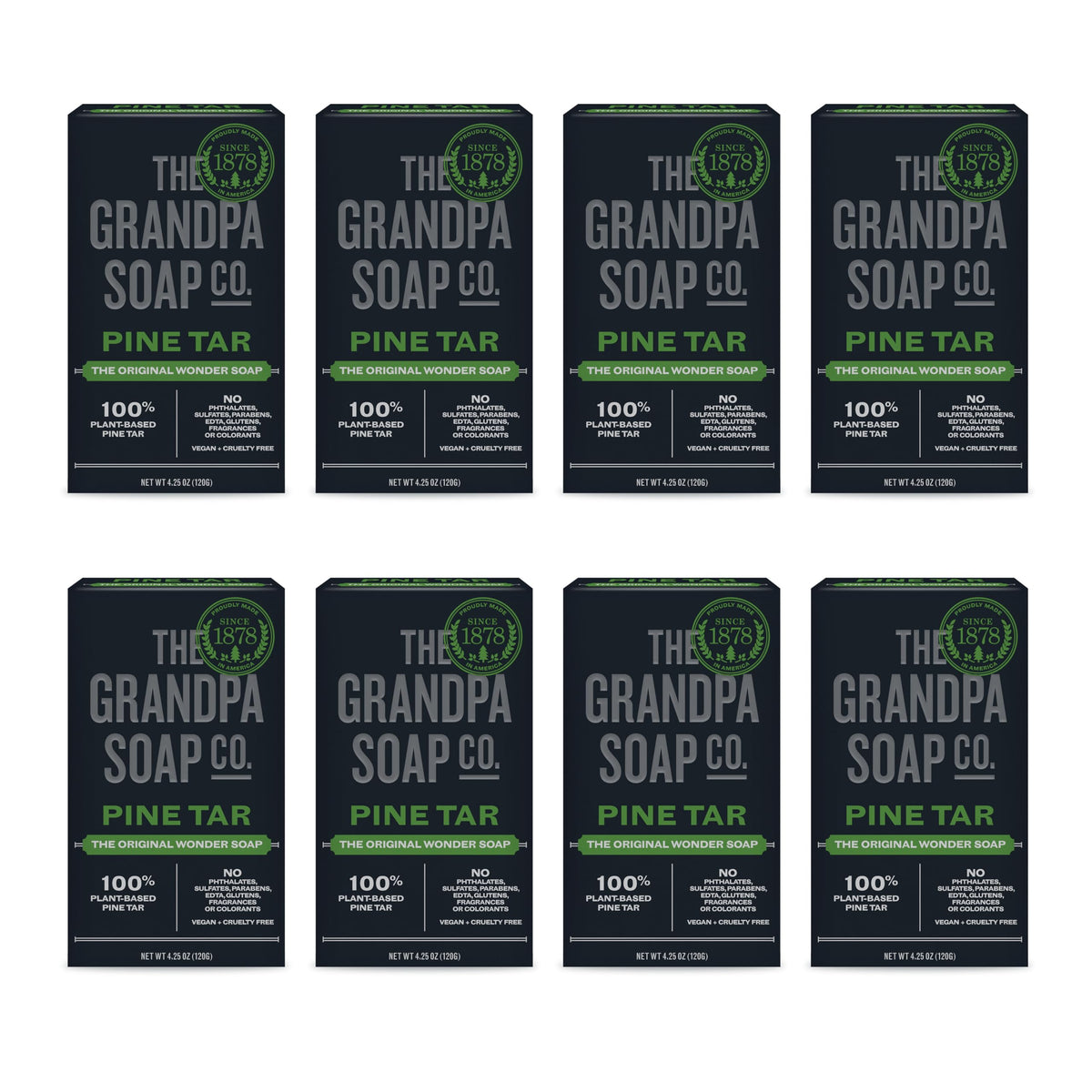 The Grandpa Soap Company pine tar bar soap packaging highlights all-over cleansing and versatility.